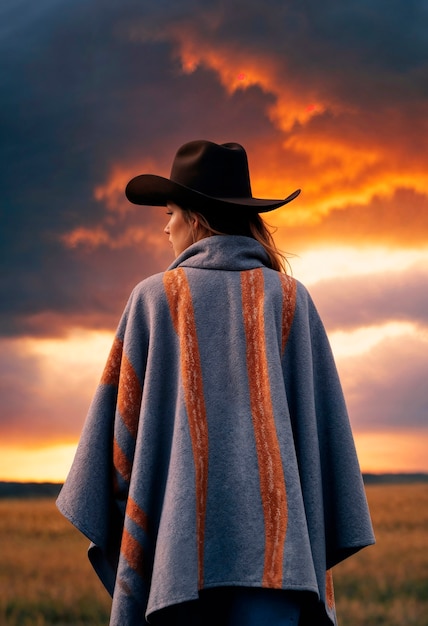 Photorealistic portrait of female cowboy at sunset