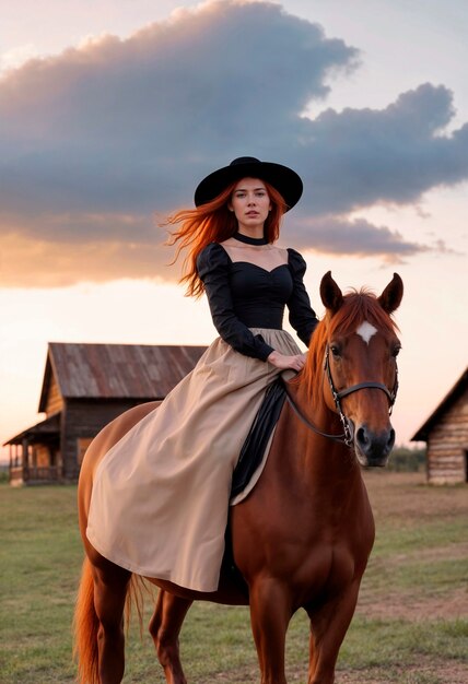 Photorealistic portrait of female cowboy at sunset