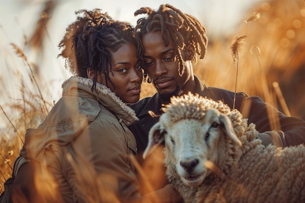 Photorealistic portrait of people taking care of sheep at the farm