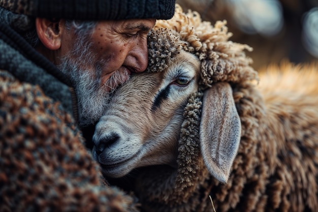 Free photo photorealistic portrait of people taking care of sheep at the farm