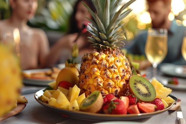 Free photo photorealistic portrait of person with exotic pineapple fruit