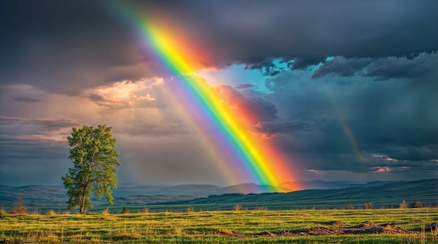 Free photo photorealistic rainbow with countryside nature landscape