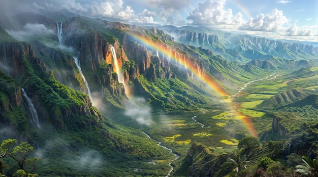 Free photo photorealistic rainbow with countryside nature landscape