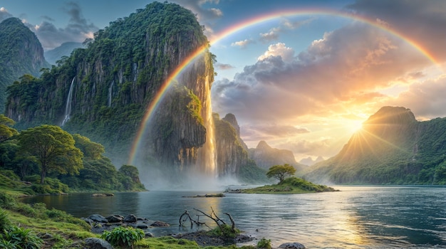 Free Photo photorealistic rainbow with countryside nature landscape