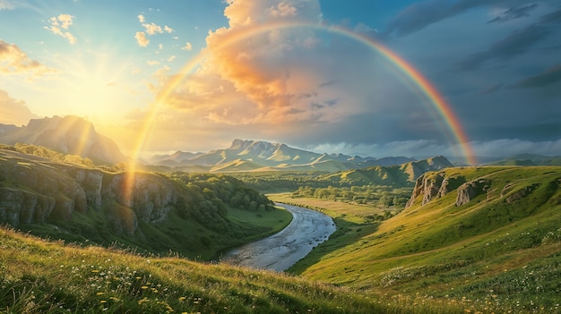 Free Photo photorealistic rainbow with countryside nature landscape