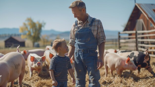 Photorealistic scene of a pig farm with animals