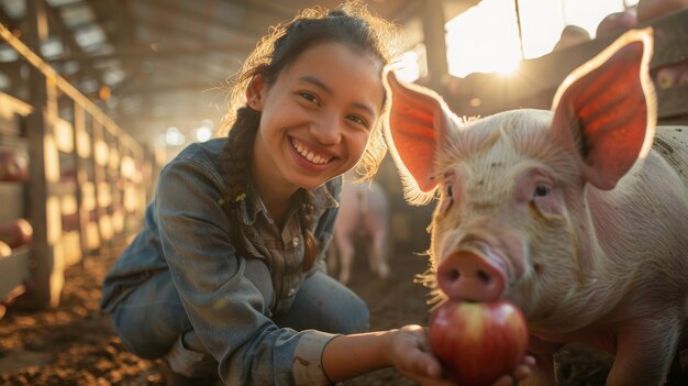 Photorealistic scene of a pig farm with animals