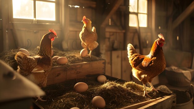 Photorealistic scene of a poultry farm with chickens