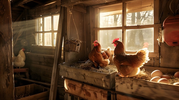 Photorealistic scene of a poultry farm with chickens