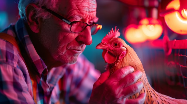 Photorealistic scene of poultry farm with people and chickens