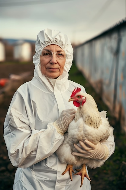 Photorealistic scene of poultry farm with people and chickens