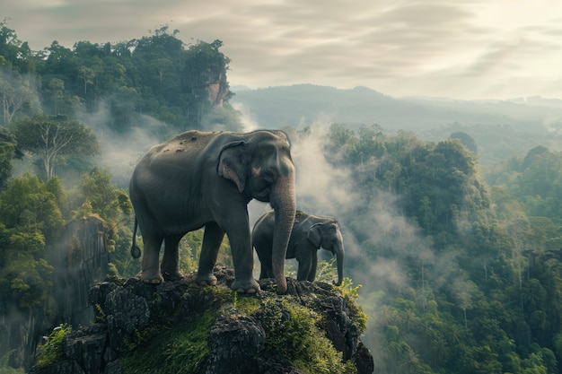 Photorealistic scene of wild elephants