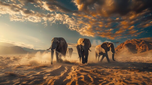 Photorealistic scene of wild elephants