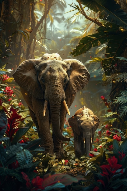 Photorealistic scene of wild elephants