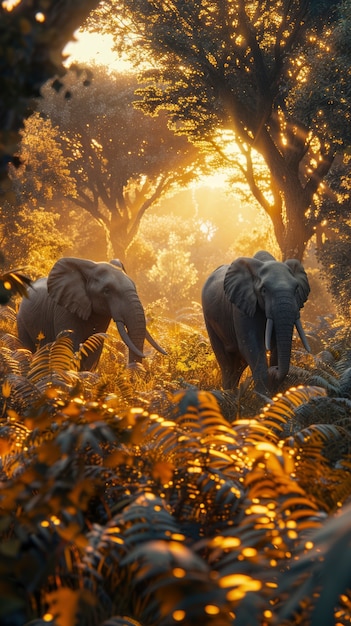 Photorealistic scene of wild elephants