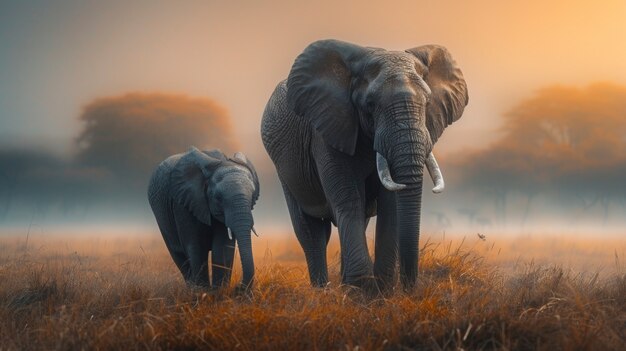 Photorealistic scene of wild elephants