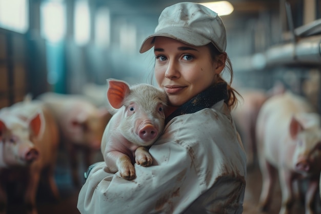 Photorealistic scene with person taking care of a pig farm