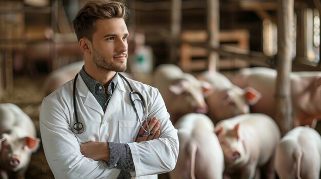 Photorealistic scene with person taking care of a pig farm