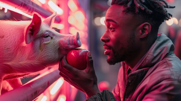 Photorealistic scene with person taking care of a pig farm