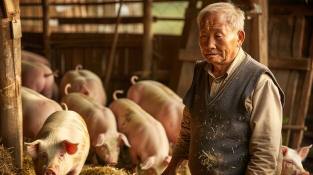 Photorealistic scene with person taking care of a pig farm