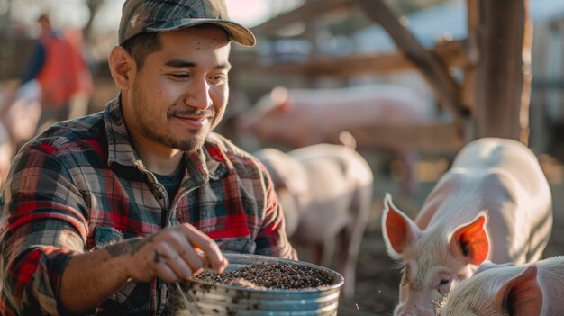 Photorealistic scene with person taking care of a pig farm