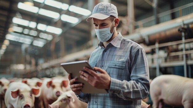 Photorealistic scene with person taking care of a pig farm