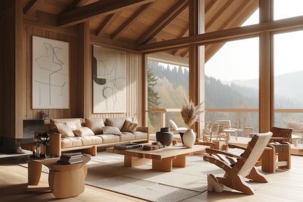 Free Photo photorealistic timber house interior with wooden decor and furnishings