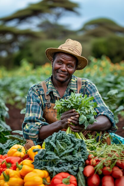 Photorealistic view of african people harvesting vegetables and grains