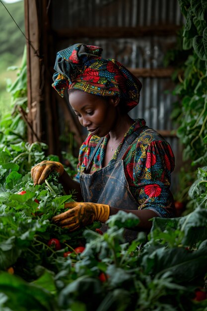 Photorealistic view of african people harvesting vegetables and grains