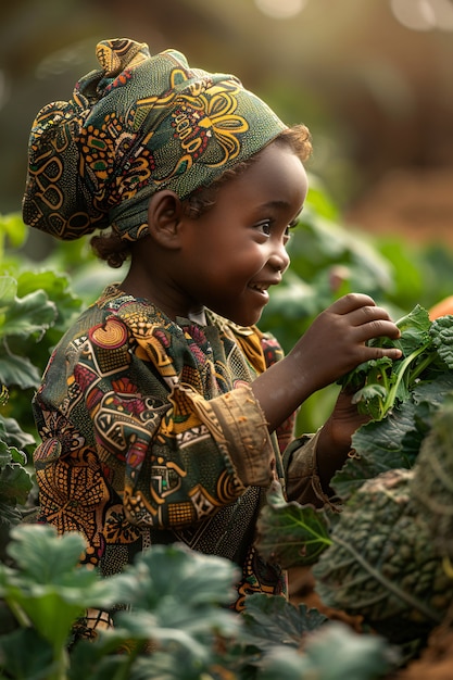 Photorealistic view of african people harvesting vegetables and grains