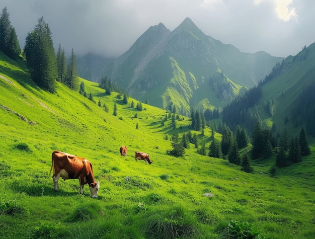 Photorealistic view of cow grazing in nature outdoors