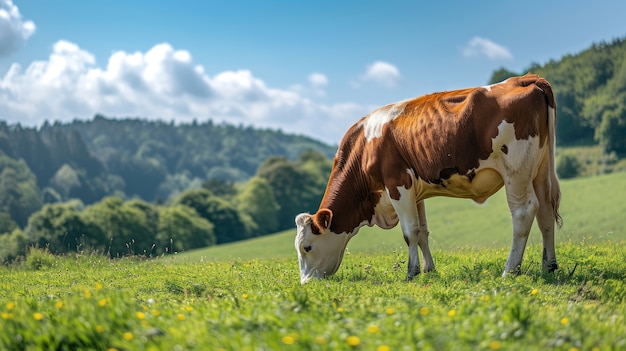 Photorealistic view of cow grazing in nature outdoors