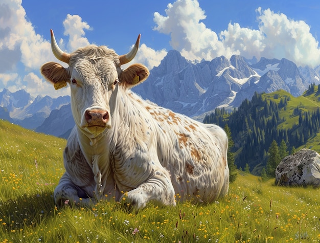 Photorealistic view of cow grazing in nature outdoors