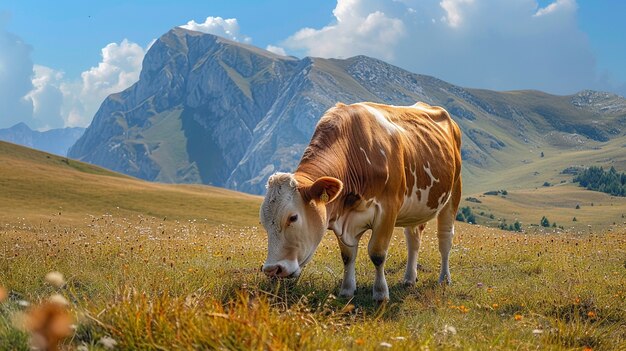 Photorealistic view of cow grazing in nature outdoors