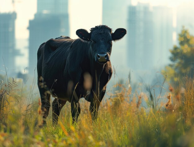 Photorealistic view of cow grazing outdoors with urban landscape