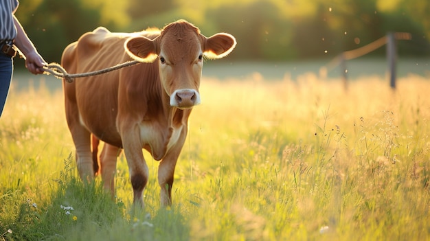 Free Photo photorealistic view of cow walking in the field with farmer