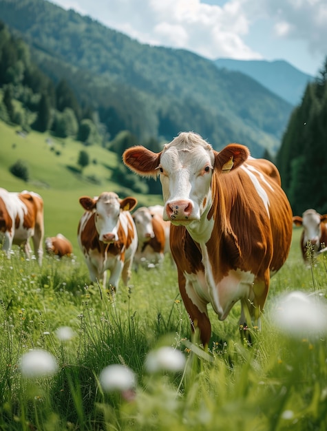 Photorealistic view of cows grazing in nature outdoors