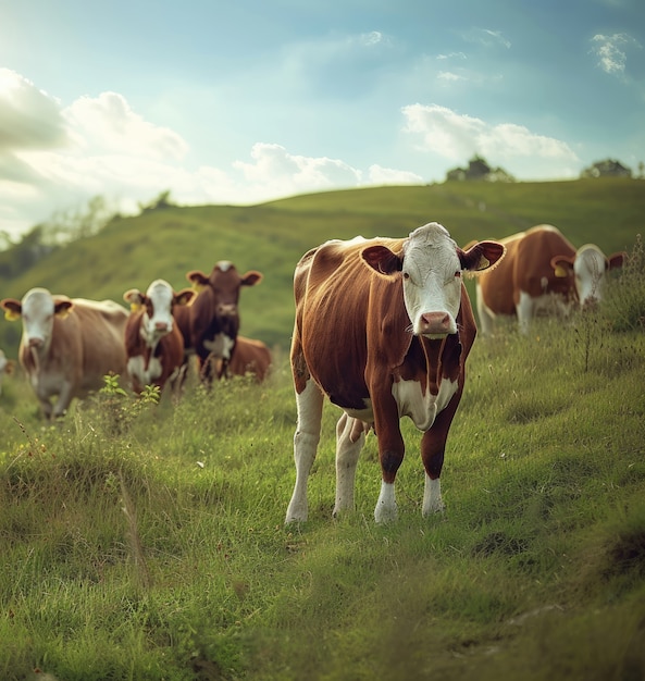 Photorealistic view of cows grazing in nature outdoors