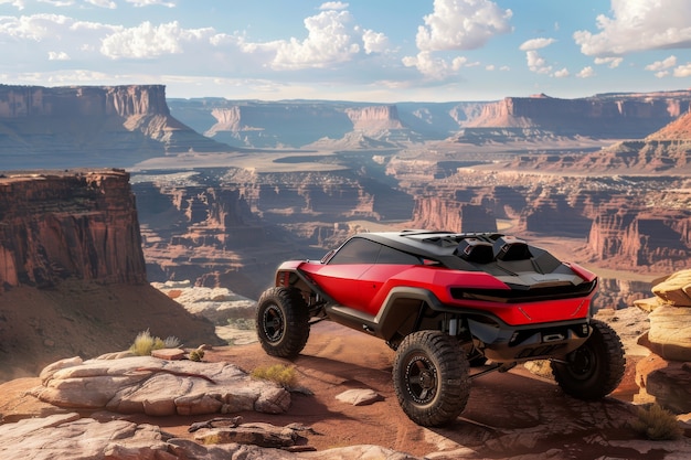 Photorealistic view of off-road car with nature terrain and weather conditions