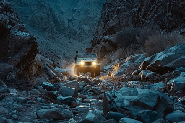 Photorealistic view of off-road car with nature terrain and weather conditions