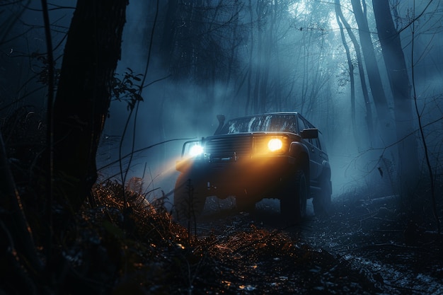 Photorealistic view of off-road car with nature terrain and weather conditions