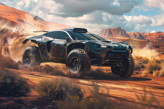 Photorealistic view of off-road car with nature terrain and weather conditions