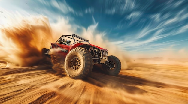 Photorealistic view of off-road car with nature terrain and weather conditions