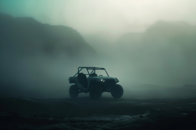 Photorealistic view of off-road car with nature terrain and weather conditions