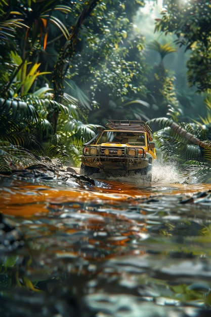 Free photo photorealistic view of off-road vehicle with nature terrain and weather conditions