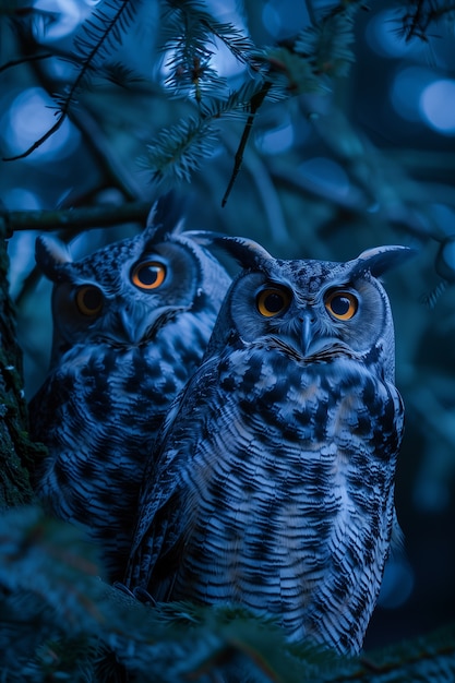 Photorealistic view of owl bird at night