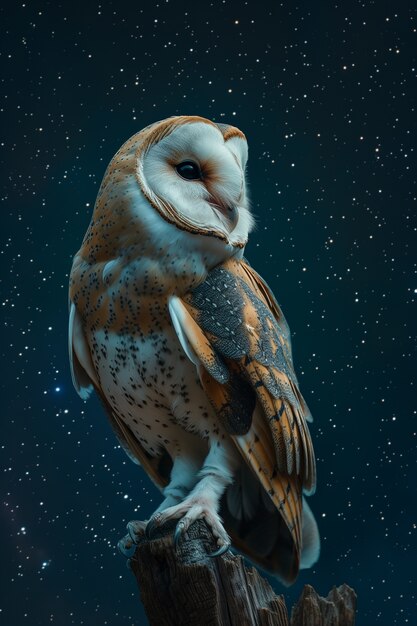 Photorealistic view of owl bird at night