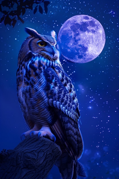 Photorealistic view of owl bird at night