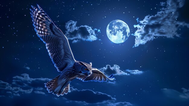 Photorealistic view of owl bird at night