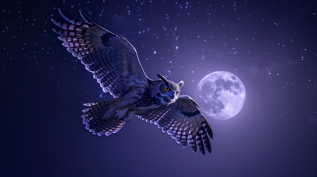 Photorealistic view of owl bird at night